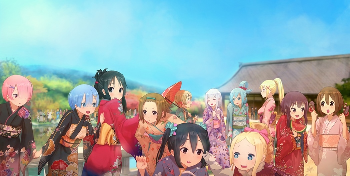 Anime characters in kimonos at a temple