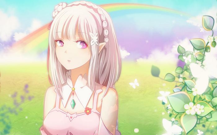 Emilia from Re:ZERO in a fantasy landscape