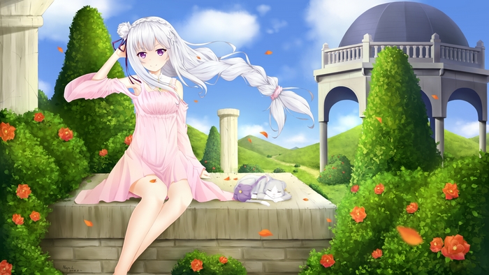 Emilia from Re:ZERO in a garden