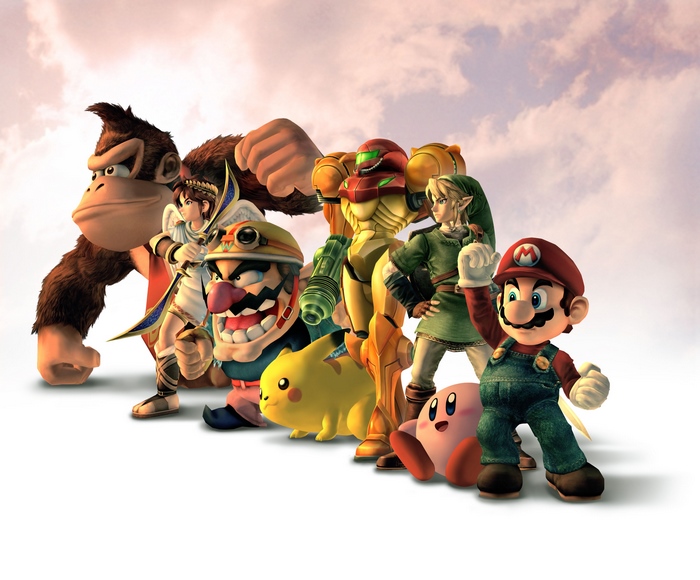 Donkey Kong, Pit, Wario, Pikachu, Samus, Link, Kirby, and Mario