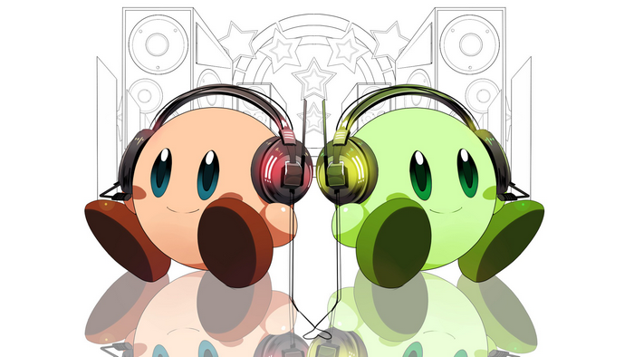 Kirby with Headphones and Speakers