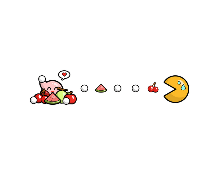 Kirby eating fruit with Pac-Man