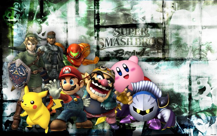 Super Smash Bros. Brawl characters including Kirby, Mario, Link, and Pikachu