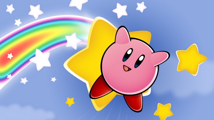 Kirby flying through stars and rainbow