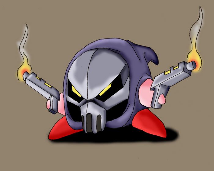 Kirby with a skull mask and guns
