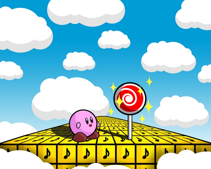 Kirby on a musical path with a lollipop