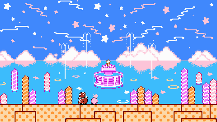 Colorful Kirby Scene with Stars and Castle
