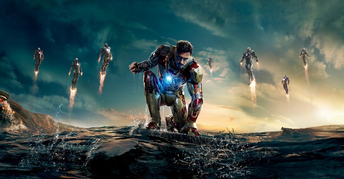 Iron Man and Multiple Armors Flying Over Water