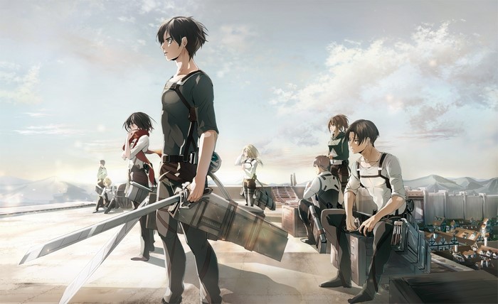 Attack on Titan characters on a rooftop