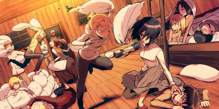 Attack on Titan characters having a pillow fight