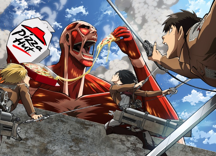 Colossal Titan eating Pizza Hut pizza with Mikasa Ackerman and Eren Yeager