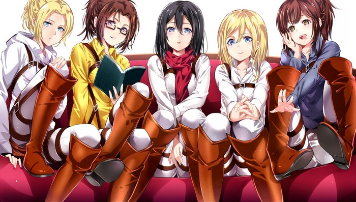 Attack on Titan characters sitting on a couch