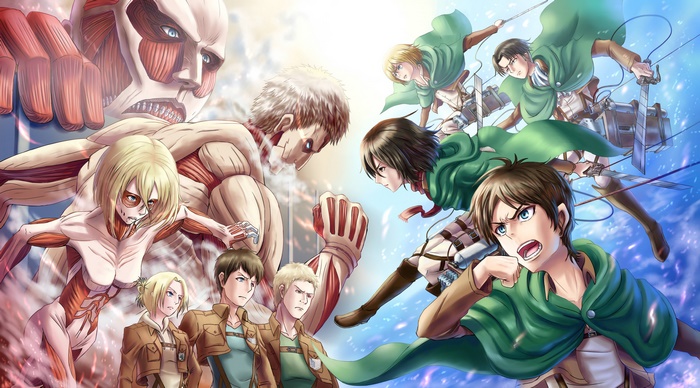Attack on Titan characters fighting Titans