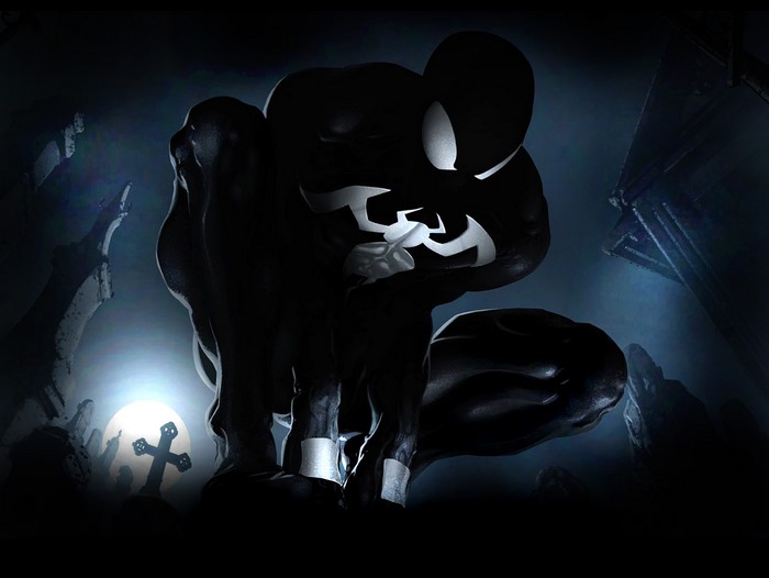 Spider-Man in black suit in a graveyard
