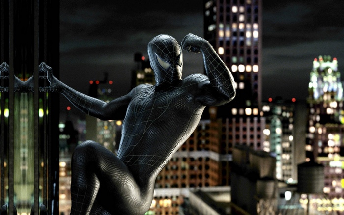 Spider-Man in Black Suit on a Rooftop