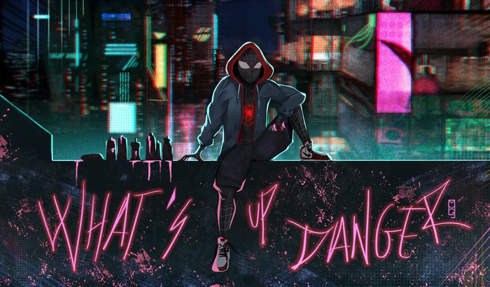 Spider-Man from Spider-Verse sitting on a ledge