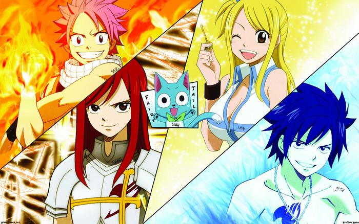 Fairy Tail characters Natsu, Erza, Lucy, Gray, and Happy
