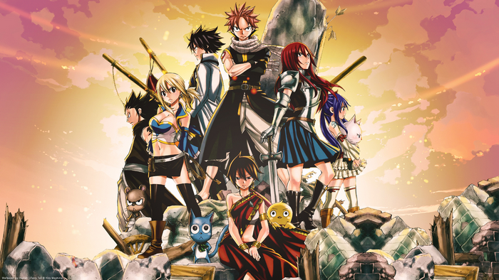 Fairy Tail characters in front of a sunset