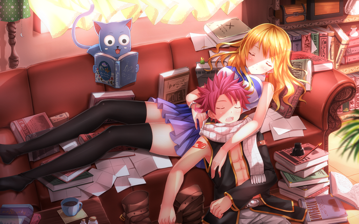 Natsu Dragneel and Lucy Heartfilia from Fairy Tail sleeping