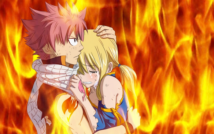 Natsu Dragneel and Lucy Heartfilia in flames