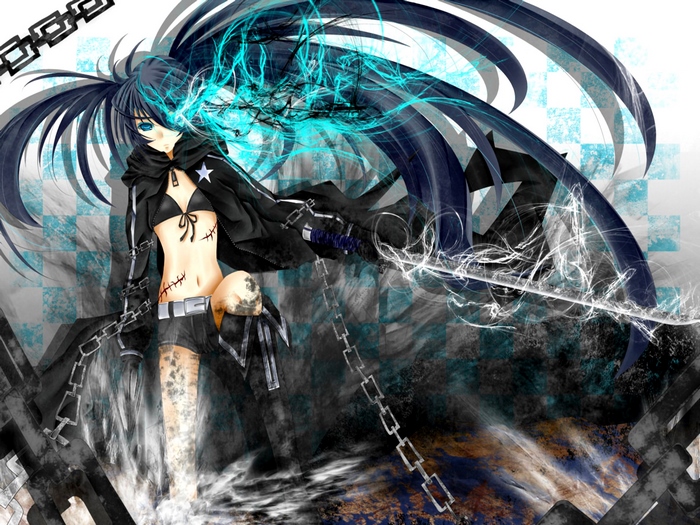 Black Rock Shooter with blue energy and chains
