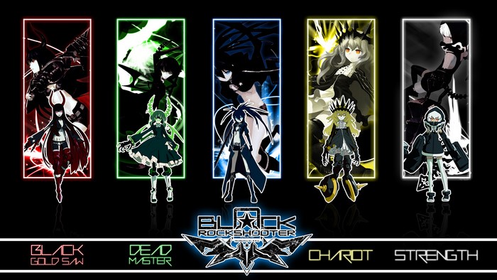 Black Rock Shooter characters: Black Gold Saw, Dead Master, Strength, Chariot