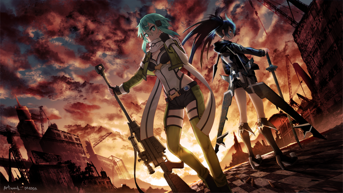 Sinon and Black Rock Shooter in a ruined city