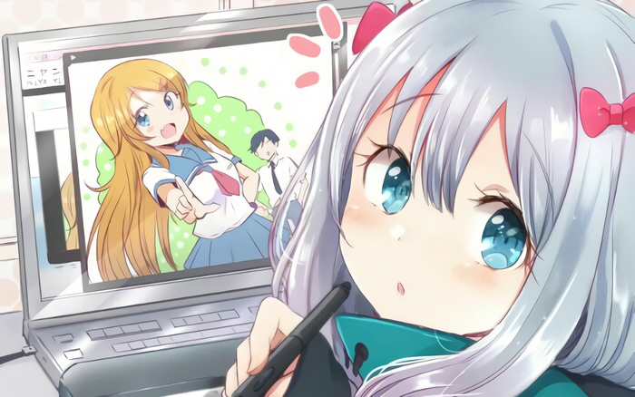 Sagiri Izumi drawing anime characters on a laptop