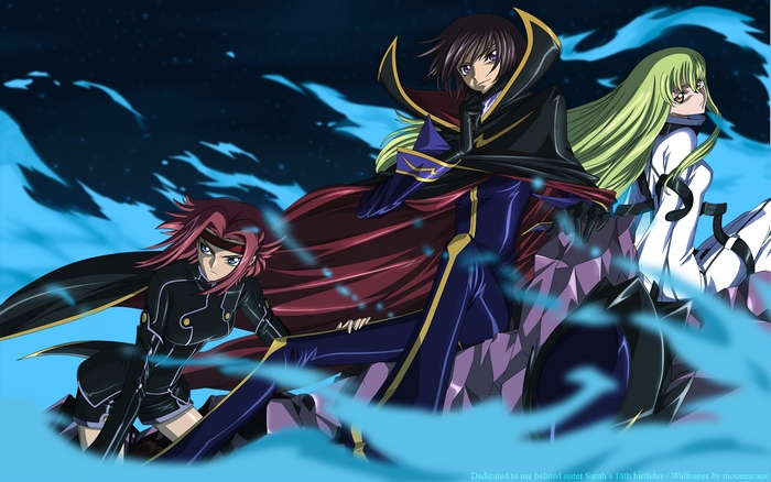 Lelouch Lamperouge, C.C., and Kallen Kozuki from Code Geass