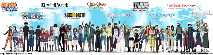 Anime characters from Naruto, One Piece, Death Note, Soul Eater, Code Geass, Fullmetal Alchemist, Haruhi Suzumiya, and Sword Art Online