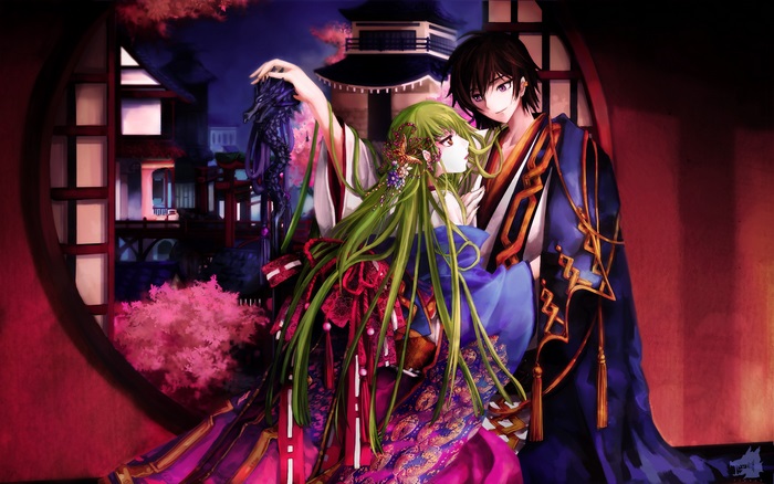 Lelouch Lamperouge and C.C. in traditional Japanese attire