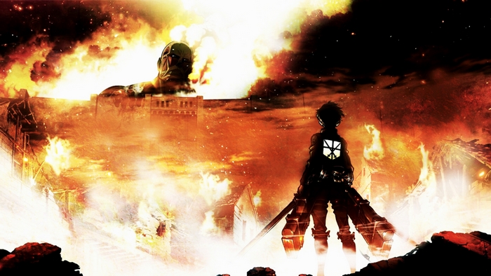 Eren Yeager from Attack on Titan in a burning city