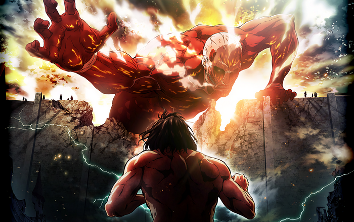 Eren Yeager Confronting Colossal Titan at Wall