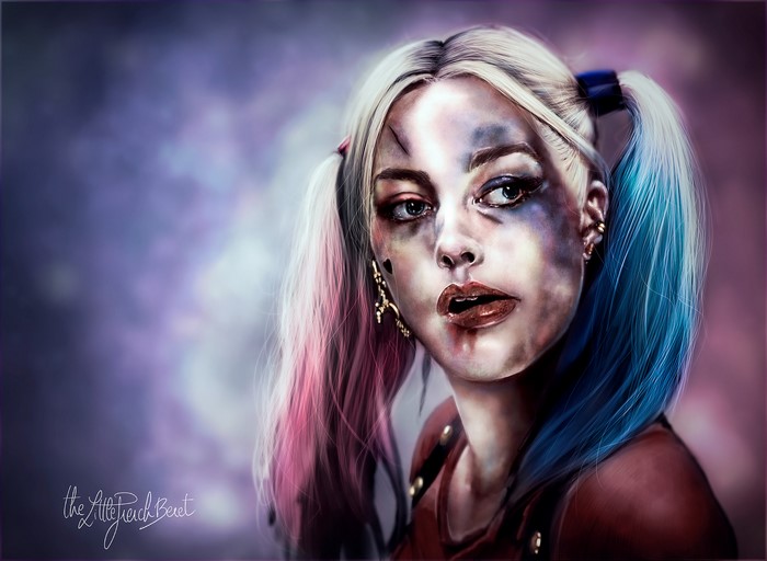 Harley Quinn with bruised face and pigtails