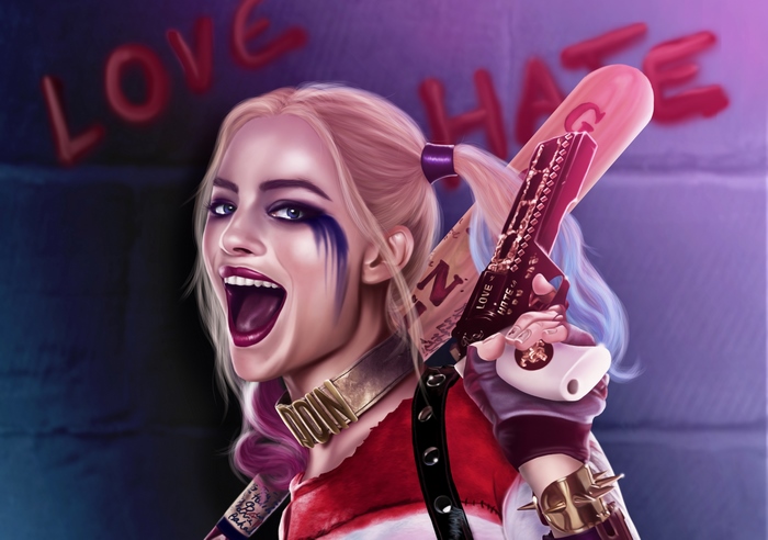 Harley Quinn with baseball bat and gun