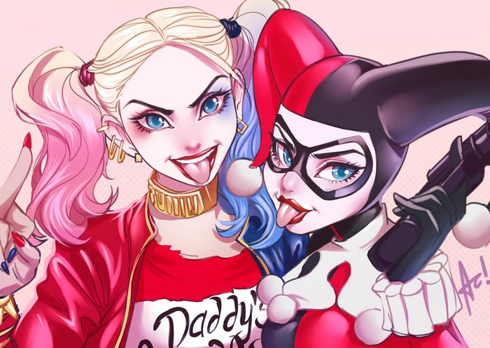 Playful Harley Quinn Duo with Colorful Hairstyles