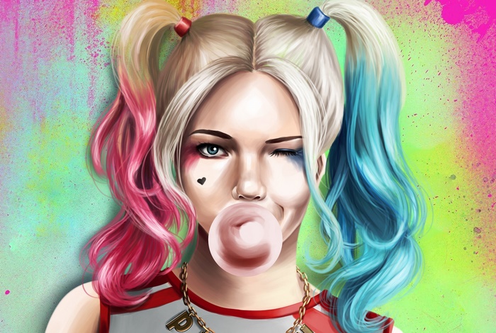 Harley Quinn blowing bubble gum