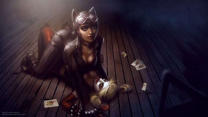 Catwoman and Harley Quinn on a wooden deck