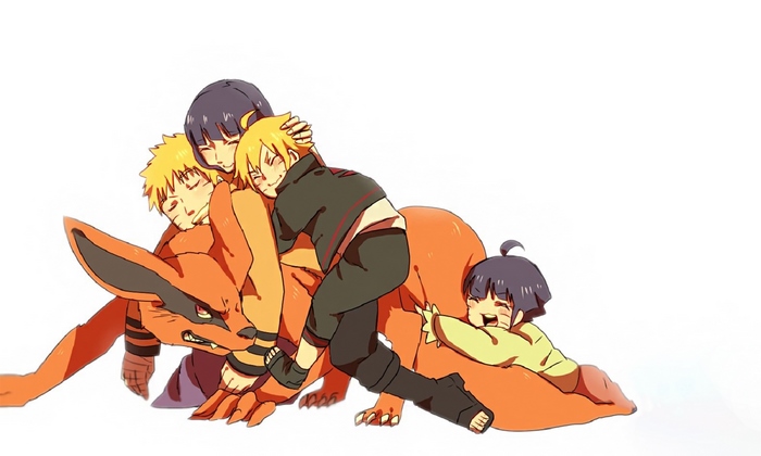 Naruto, Hinata, Boruto, Himawari, and Kurama