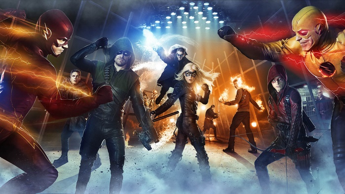 The Flash and Arrow characters in a battle