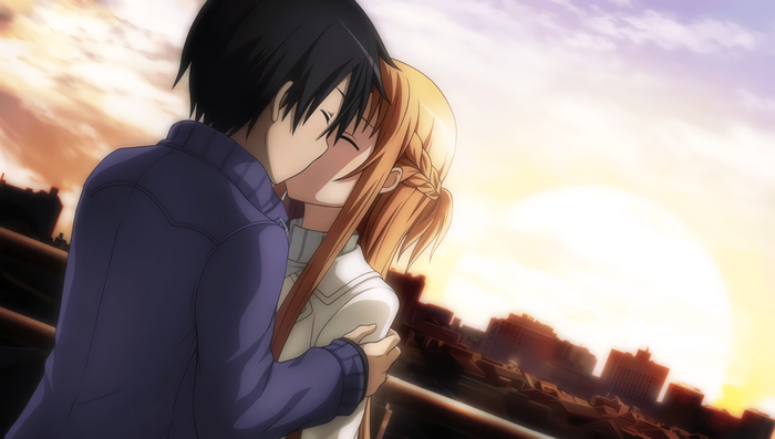 Kirito and Asuna kissing at sunset