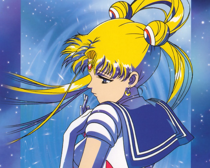 Sailor Moon in a blue cosmic background