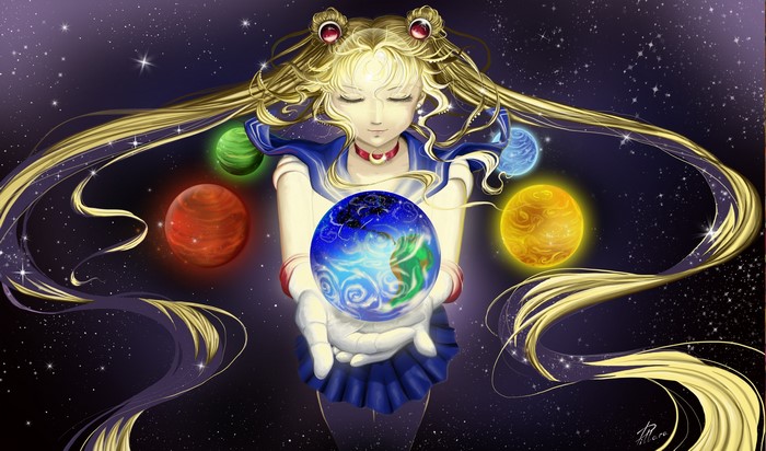 Sailor Moon Holding Glowing Earth and Planets