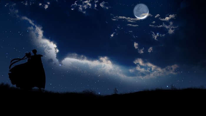 Silhouette of Sailor Moon Under Starry Night Sky
