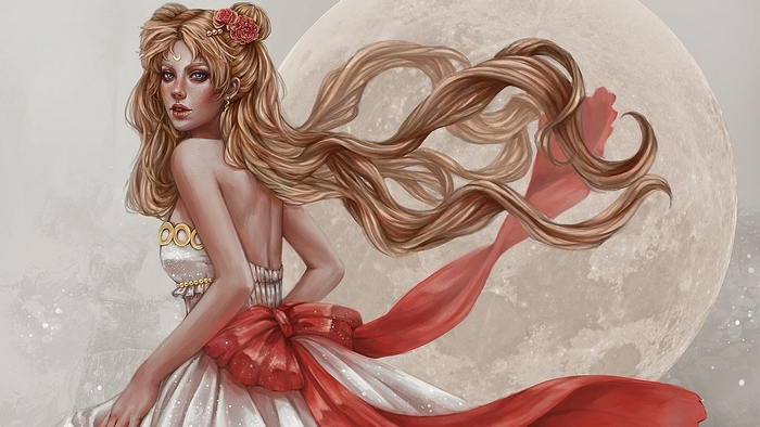 Sailor Moon in a white dress with red bow
