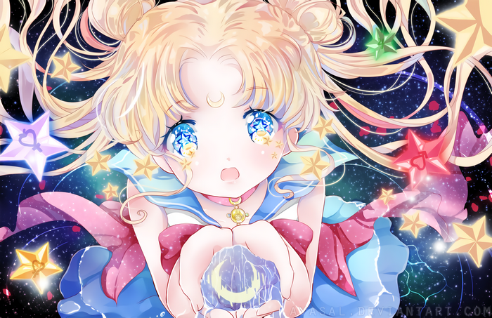 Sailor Moon holding a crystal in space