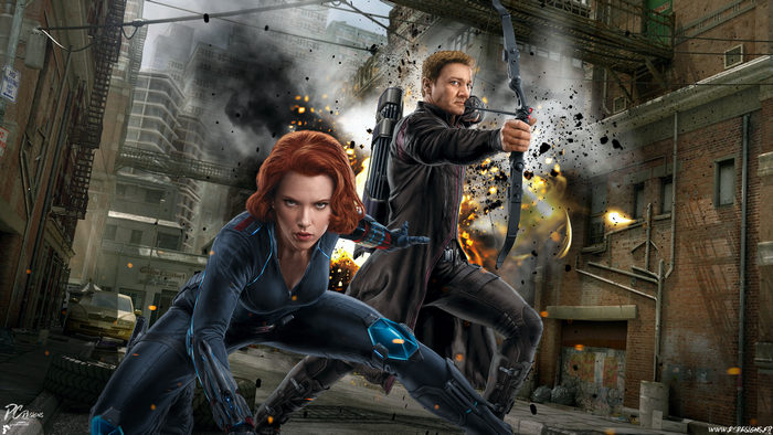 Black Widow and Hawkeye from Avengers in a city battle
