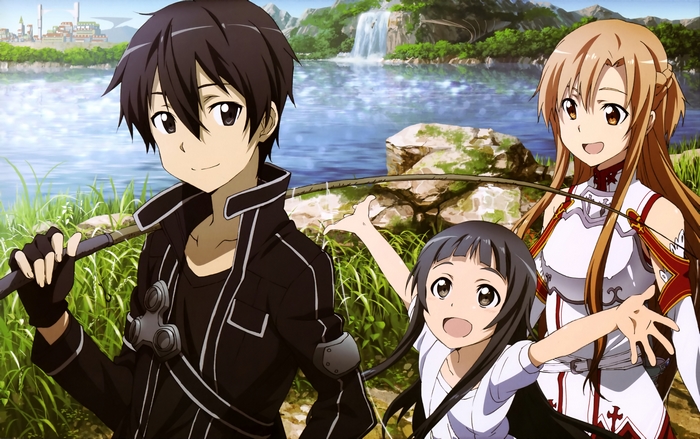 Kirito, Asuna, and Yui from Sword Art Online fishing