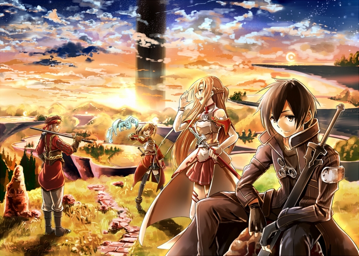 Characters from Sword Art Online in a landscape