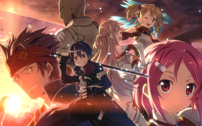 Sword Art Online characters in front of a sunset